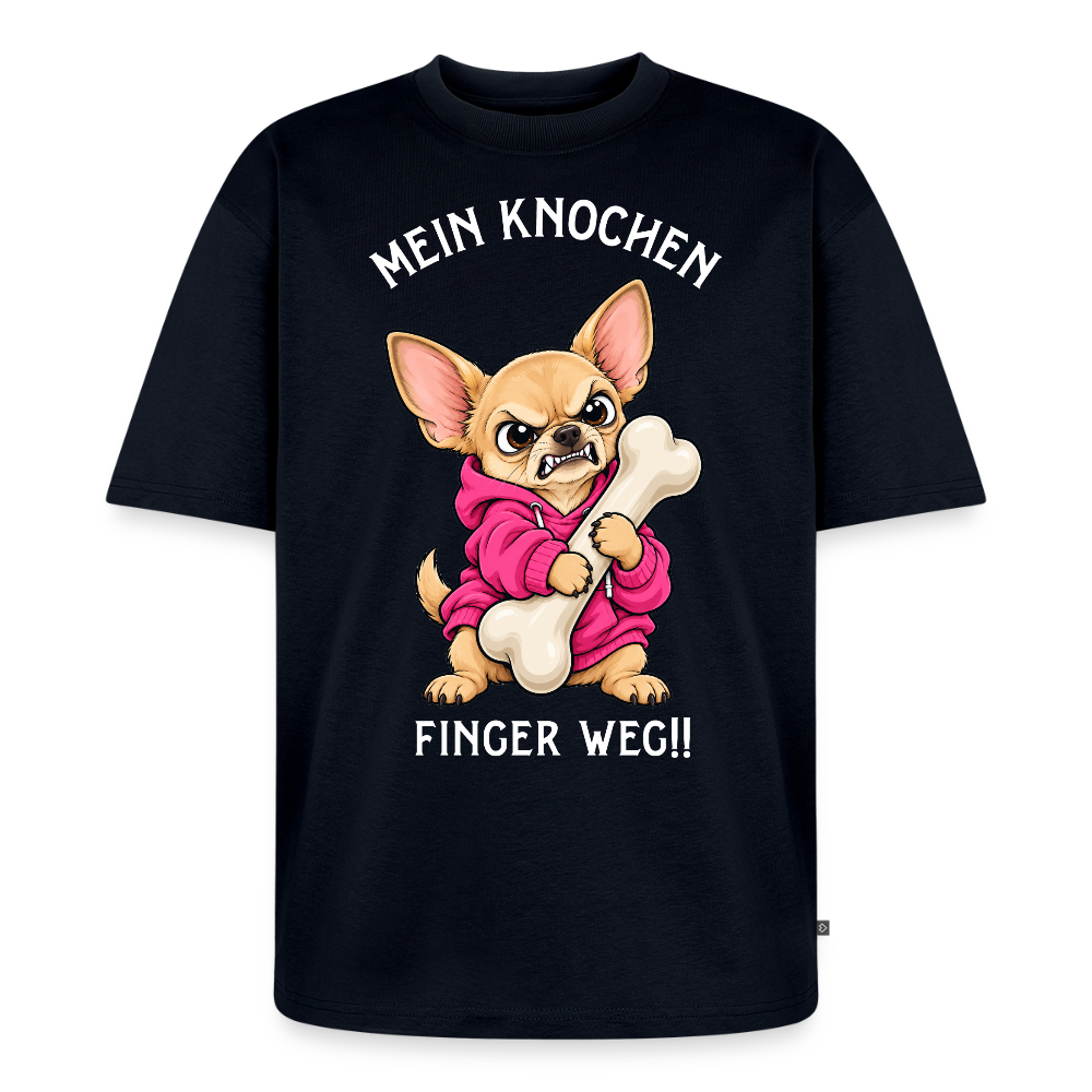 Chihuahua T-Shirt in Navy – lustiger Cartoon-Hund mit Spruch „Mein Knochen“ | Geschenk für Hundeliebhaber von Pfotenart