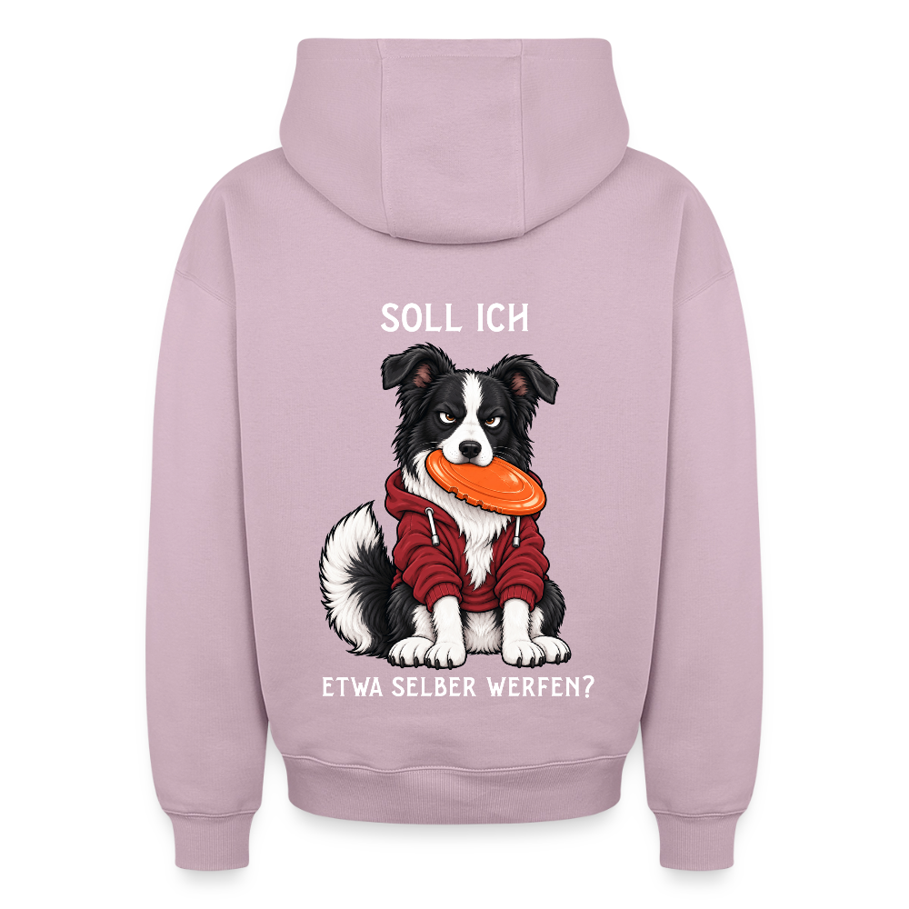 Border Collie Hoodie in Altrosa – lustiger Cartoon-Hund mit Spruch „Selber werfen“ auf der Rückseite | Geschenk für Hundeliebhaber von Pfotenart