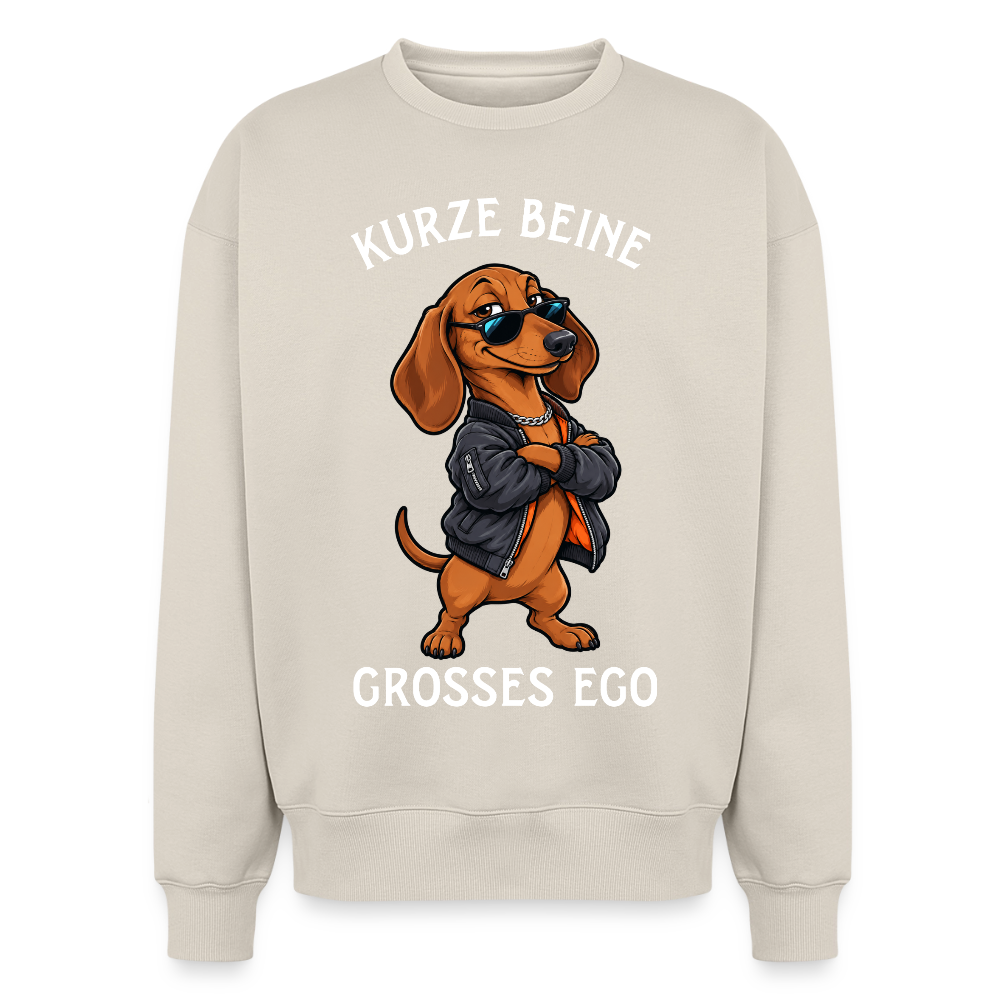 Dackel Sweater in Beige – lustiger Cartoon-Hund mit Spruch „Kurze Beine“ auf der Rückseite | Geschenk für Hundeliebhaber von Pfotenart