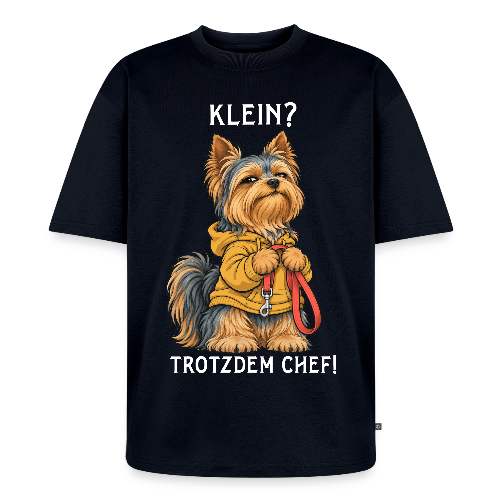 Yorkshire Terrier T-Shirt in Navy – lustiger Cartoon-Hund mit Spruch „Klein?“ | Geschenk für Hundeliebhaber von Pfotenart