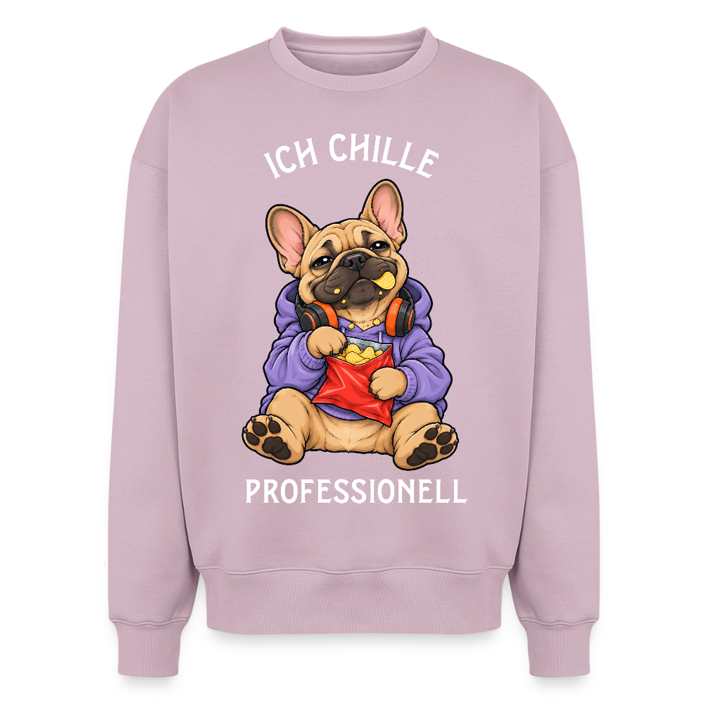 Französische Bulldogge Sweater in Altrosa – lustiger Cartoon-Hund mit Spruch „Chillen“ auf der Rückseite | Geschenk für Hundeliebhaber von Pfotenart