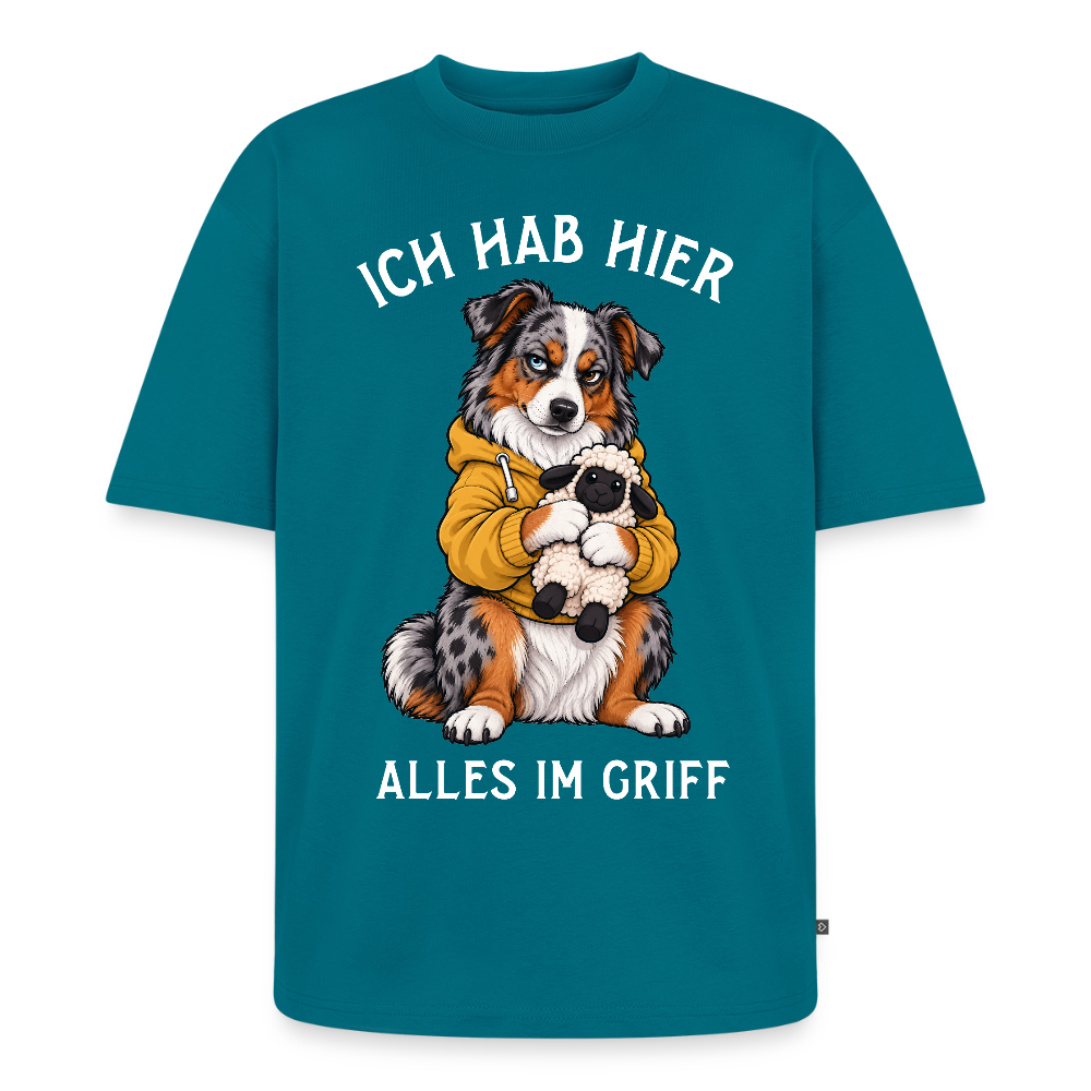 Australian Shepherd T-Shirt in Petrol – lustiger Cartoon-Hund mit Spruch „Alles im Griff“ | Geschenk für Hundeliebhaber von Pfotenart
