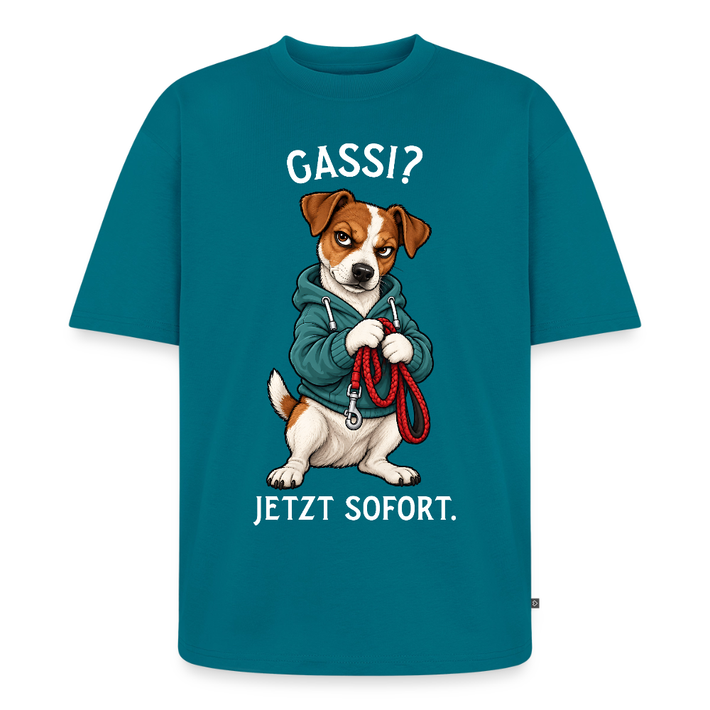 Jack Russell T-Shirt in Petrol – lustiger Cartoon-Hund mit Spruch „Gassi?“ | Geschenk für Hundeliebhaber von Pfotenart