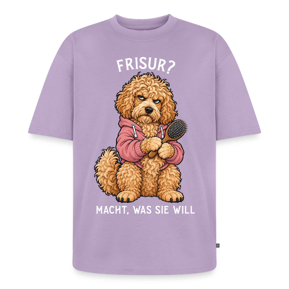 Labradoodle T-Shirt in Lavendel – lustiger Cartoon-Hund mit Spruch „Frisur?“ | Geschenk für Hundeliebhaber von Pfotenart