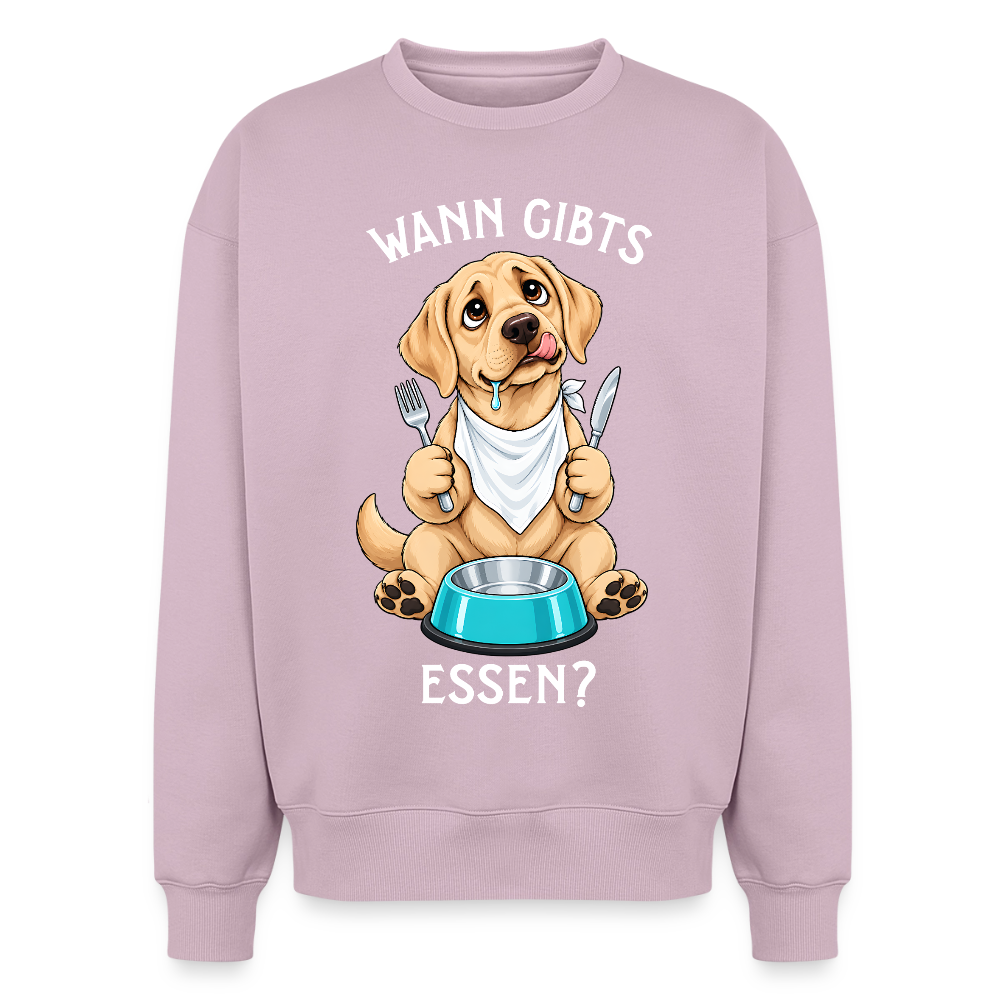 Labrador Sweater in Altrosa – lustiger Cartoon-Hund mit Spruch „Wann gibts Essen“ auf der Rückseite | Geschenk für Hundeliebhaber von Pfotenart