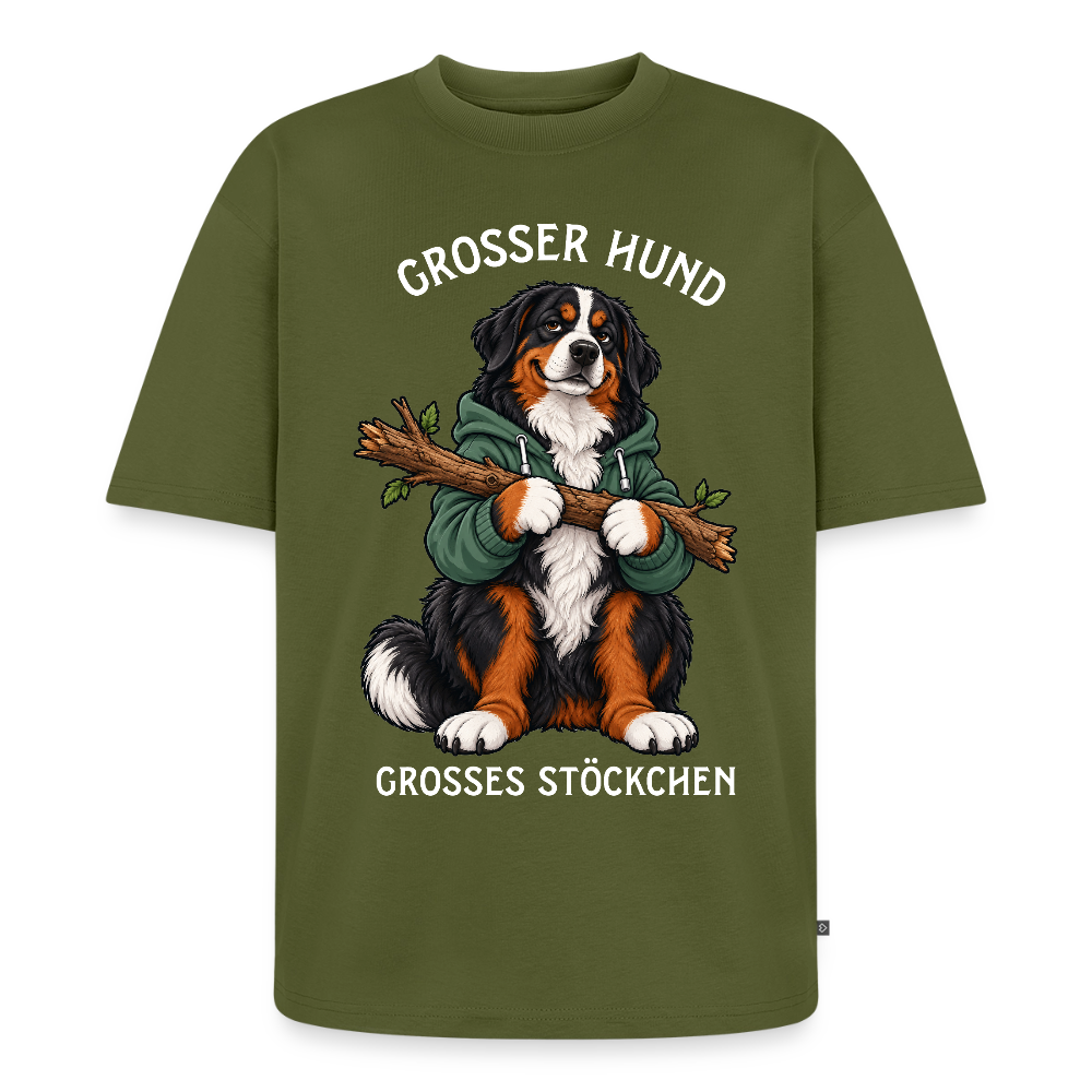 Berner Sennenhund T-Shirt in Khaki – lustiger Cartoon-Hund mit Spruch „Grosser Hund“ | Geschenk für Hundeliebhaber von Pfotenart