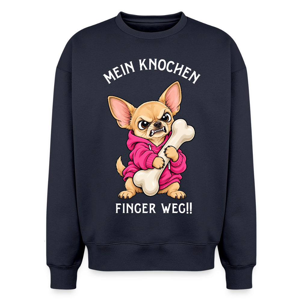 Chihuahua Sweater in Navy – lustiger Cartoon-Hund mit Spruch „Mein Knochen“ auf der Rückseite | Geschenk für Hundeliebhaber von Pfotenart