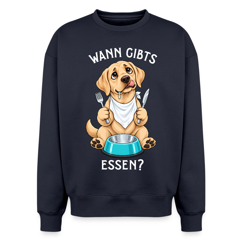 Labrador Sweater in Navy – lustiger Cartoon-Hund mit Spruch „Wann gibts Essen“ auf der Rückseite | Geschenk für Hundeliebhaber von Pfotenart