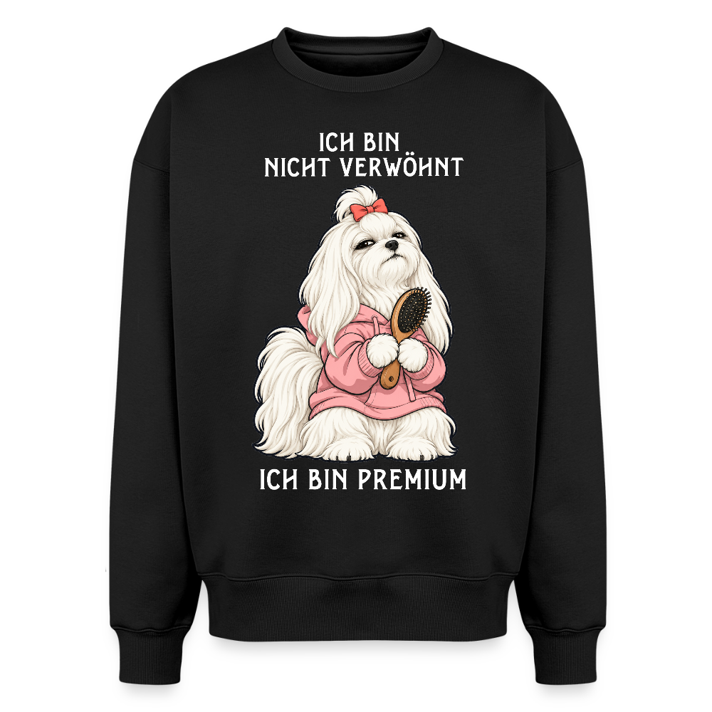 Malteser Sweater in Schwarz – lustiger Cartoon-Hund mit Spruch „Ich bin Premium“ auf der Rückseite | Geschenk für Hundeliebhaber von Pfotenart