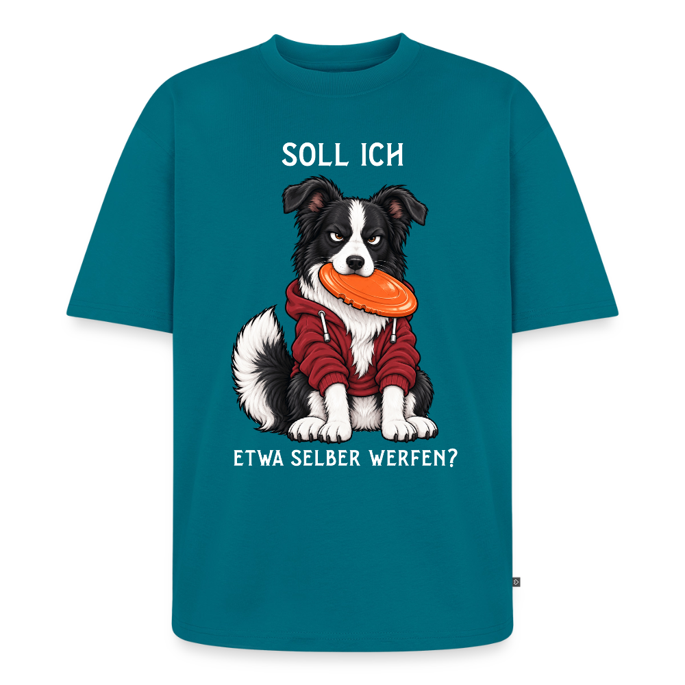 Border Collie T-Shirt in Petrol – lustiger Cartoon-Hund mit Spruch „Selber werfen“ | Geschenk für Hundeliebhaber von Pfotenart
