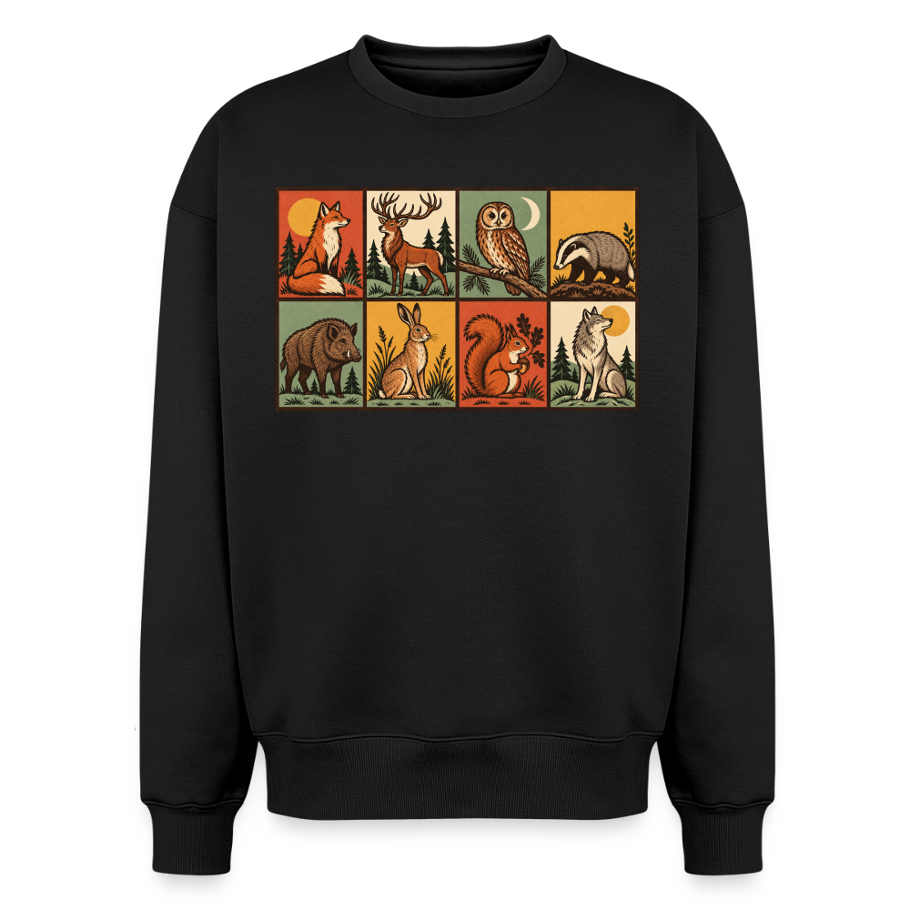 Wald Tiere Oversized Heavyweight Sweater - Schwarz