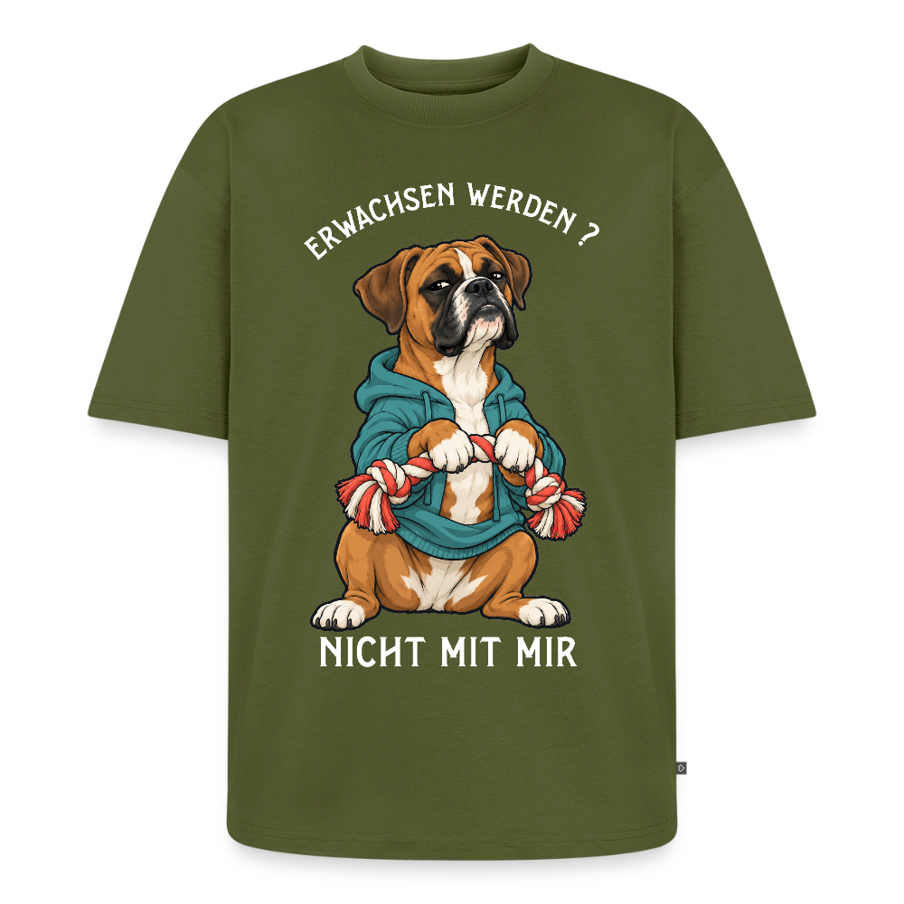 Boxer T-Shirt in Khaki – lustiger Cartoon-Hund mit Spruch „Nicht mit mir“ | Geschenk für Hundeliebhaber von Pfotenart