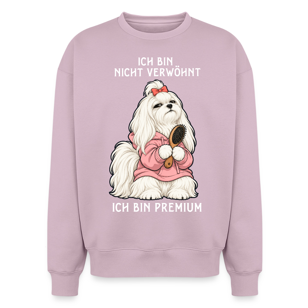 Malteser Sweater in Altrosa – lustiger Cartoon-Hund mit Spruch „Ich bin Premium“ auf der Rückseite | Geschenk für Hundeliebhaber von Pfotenart