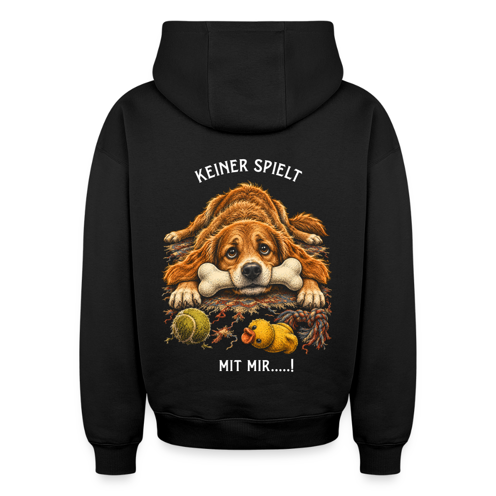 Hunde Hoodie in Schwarz – Spezial Edition „Keiner spielt mit mir“ auf der Rückseite | Geschenk für Hundeliebhaber von Pfotenart