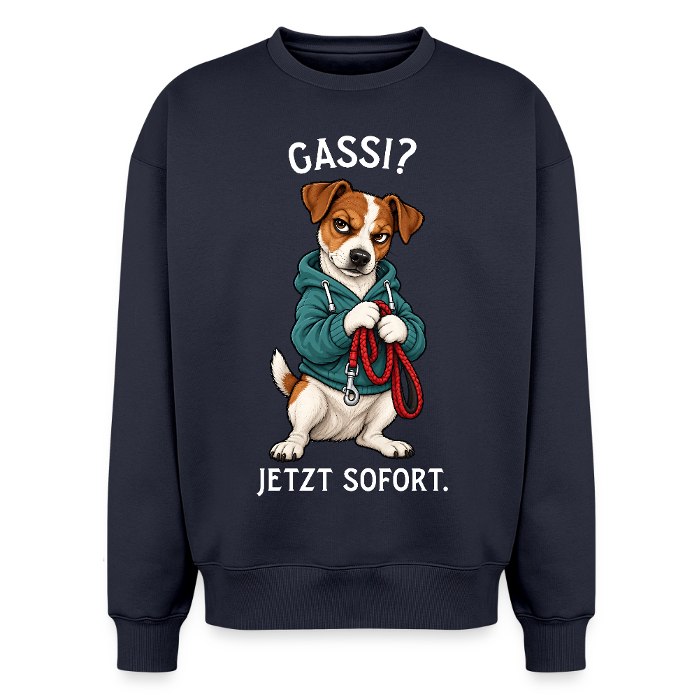 Jack Russell Sweater in Navy – lustiger Cartoon-Hund mit Spruch „Gassi“ auf der Rückseite | Geschenk für Hundeliebhaber von Pfotenart