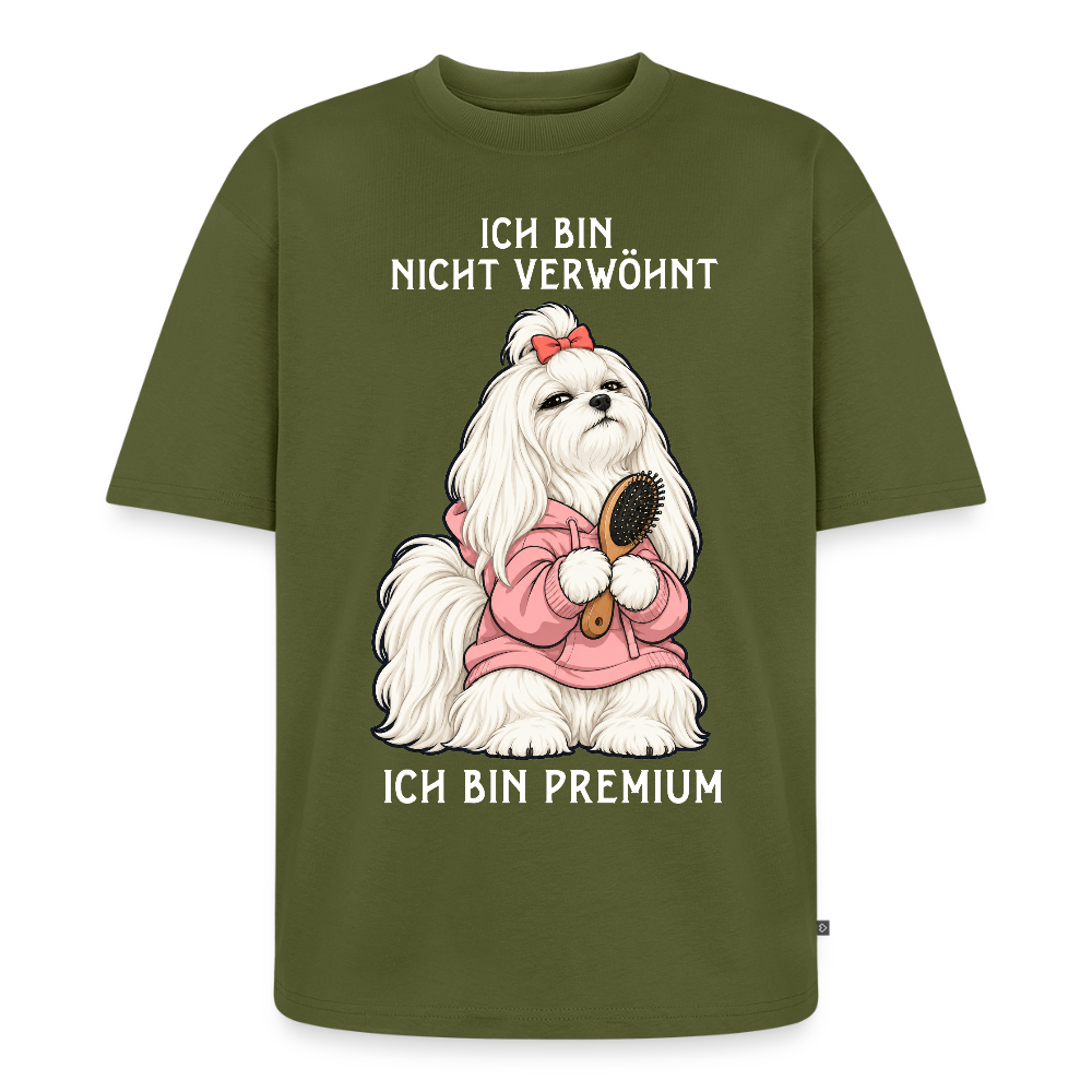 Malteser T-Shirt in Khaki – lustiger Cartoon-Hund mit Spruch „Ich bin Premium“ | Geschenk für Hundeliebhaber von Pfotenart