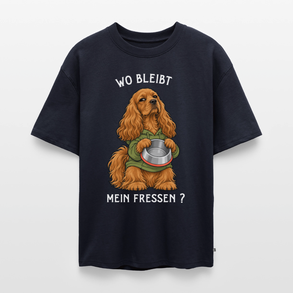 Cocker Spaniel T-Shirt in Navy – lustiger Cartoon-Hund mit Spruch „Wo bleibt mein Fressen?“ | Geschenk für Hundeliebhaber von Pfotenart