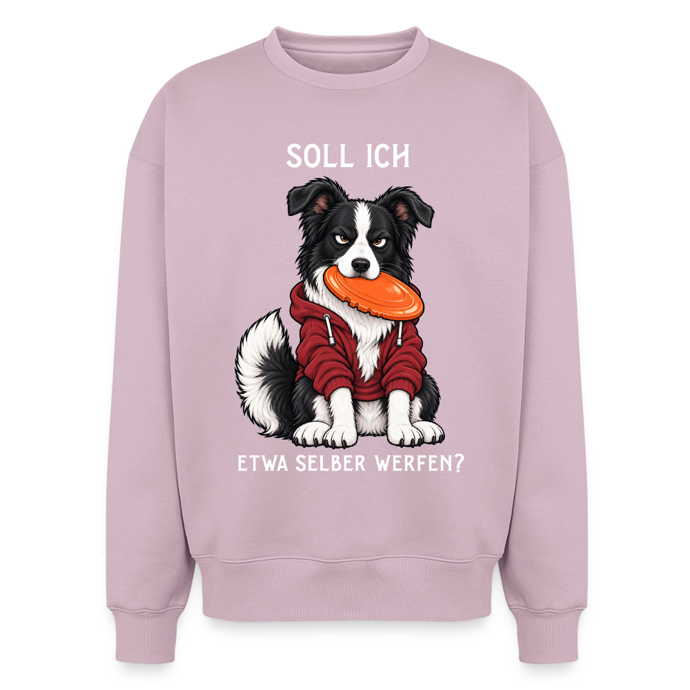 Border Collie Sweater in Altrosa – lustiger Cartoon-Hund mit Spruch „Selber werfen“ auf der Rückseite | Geschenk für Hundeliebhaber von Pfotenart