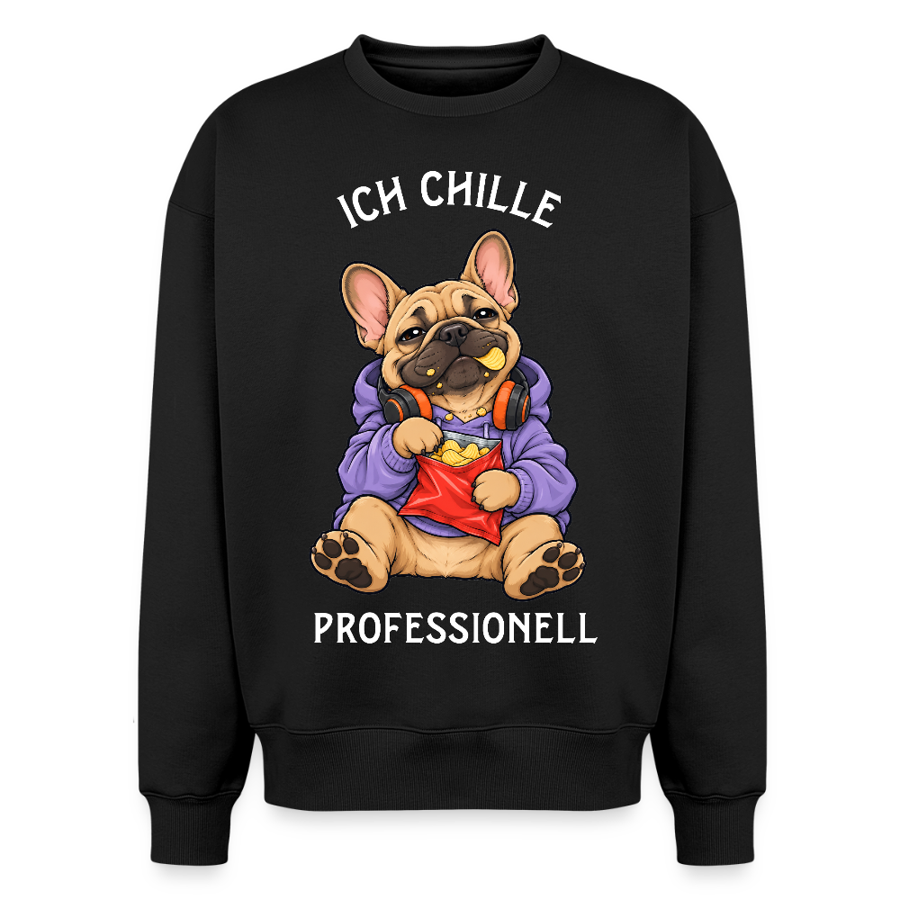 Französische Bulldogge Sweater in Schwarz – lustiger Cartoon-Hund mit Spruch „Chillen“ auf der Rückseite | Geschenk für Hundeliebhaber von Pfotenart