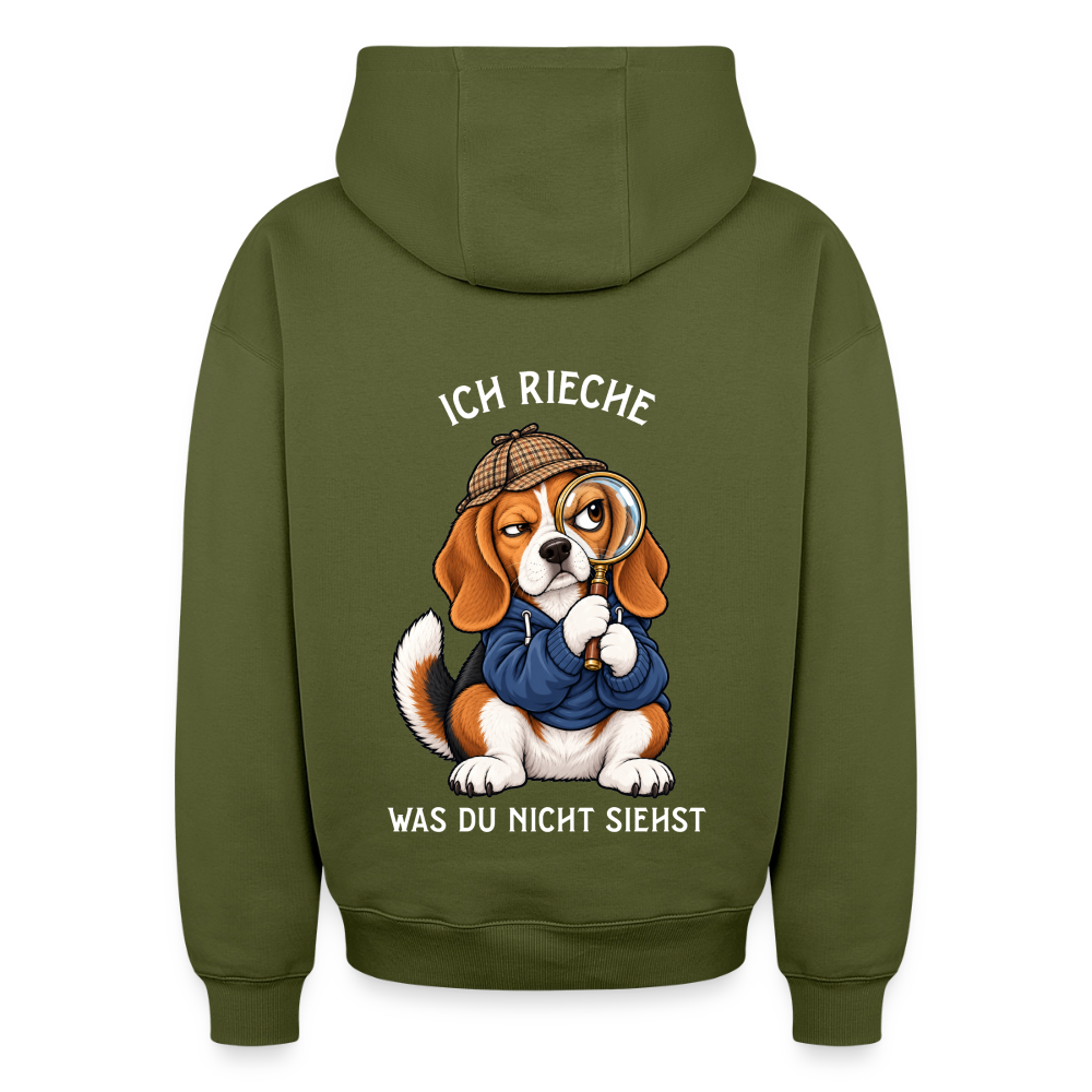 Beagle Hoodie in Khaki – lustiger Cartoon-Hund mit Spruch „Ich rieche“ auf der Rückseite | Geschenk für Hundeliebhaber von Pfotenart
