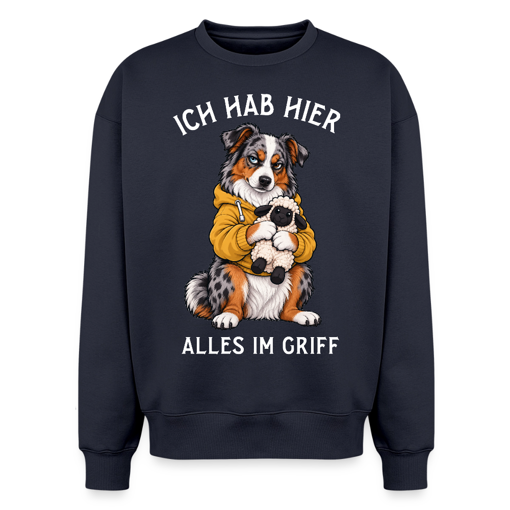 Australian Shepherd Sweater in Navy – lustiger Cartoon-Hund mit Spruch „Alles im Griff“ auf der Rückseite | Geschenk für Hundeliebhaber von Pfotenart