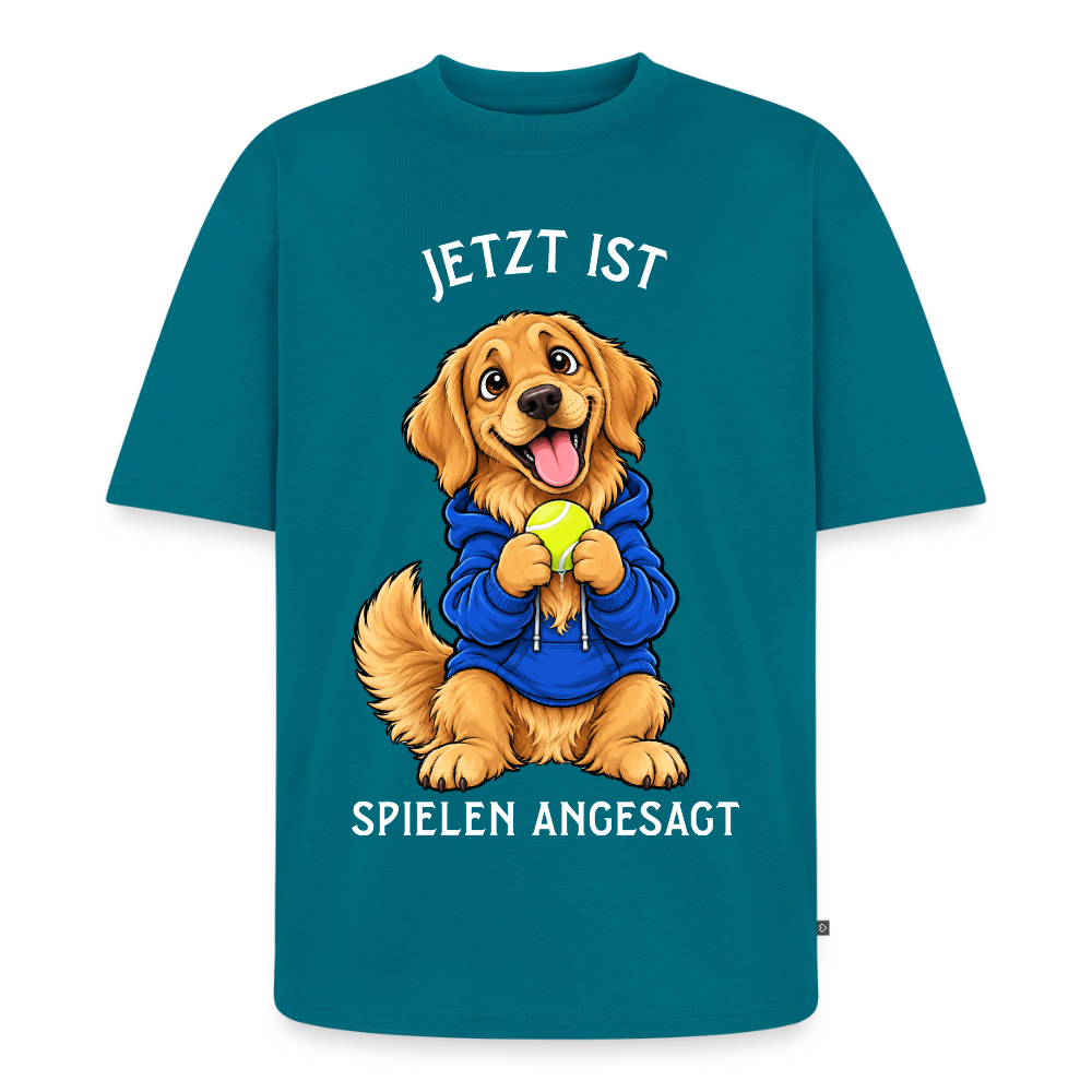 Golden Retriever T-Shirt in Petrol – lustiger Cartoon-Hund mit Spruch „Spielen angesagt“ | Geschenk für Hundeliebhaber von Pfotenart