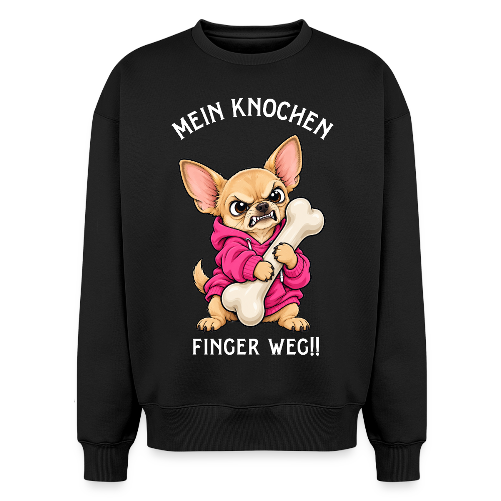 Chihuahua Sweater in Schwarz – lustiger Cartoon-Hund mit Spruch „Mein Knochen“ auf der Rückseite | Geschenk für Hundeliebhaber von Pfotenart