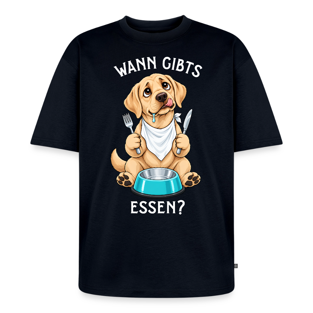 Labrador T-Shirt in Navy – lustiger Cartoon-Hund mit Spruch „Wann gibts Essen“ | Geschenk für Hundeliebhaber von Pfotenart
