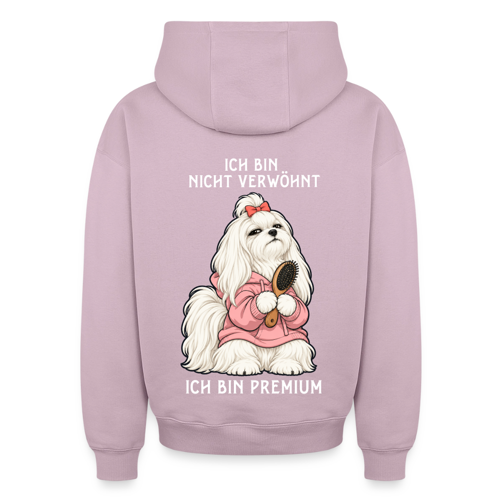 Malteser Hoodie in Altrosa – lustiger Cartoon-Hund mit Spruch „Ich bin Premium“ auf der Rückseite | Geschenk für Hundeliebhaber von Pfotenart