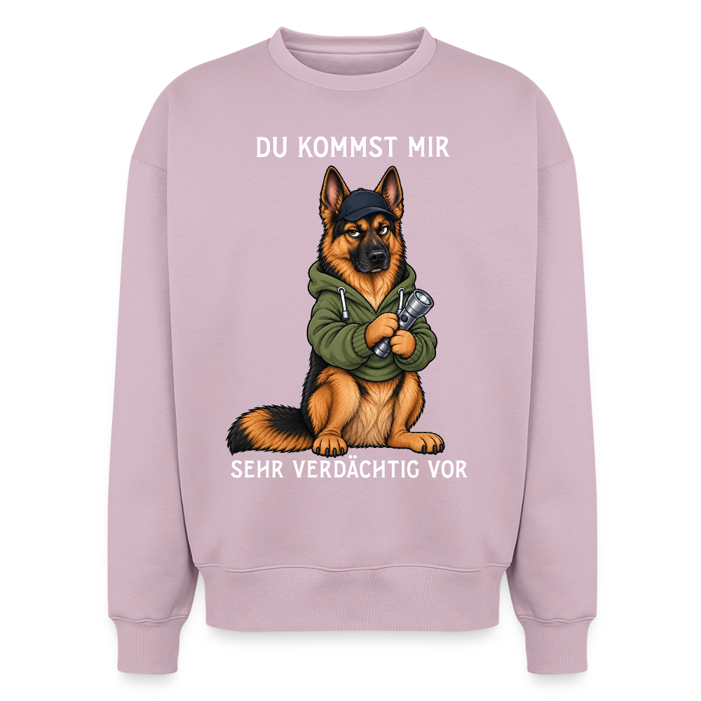 Schäferhund Sweater in Altrosa – lustiger Cartoon-Hund mit Spruch „Sehr verdächtig“ auf der Rückseite | Geschenk für Hundeliebhaber von Pfotenart
