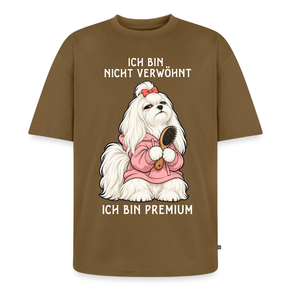 Malteser T-Shirt in Nussbraun – lustiger Cartoon-Hund mit Spruch „Ich bin Premium“ | Geschenk für Hundeliebhaber von Pfotenart