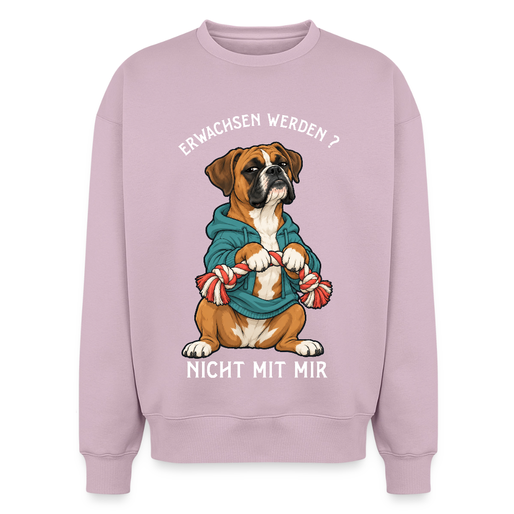 Boxer Sweater in Altrosa – lustiger Cartoon-Hund mit Spruch „Erwachsen“ auf der Rückseite | Geschenk für Hundeliebhaber von Pfotenart