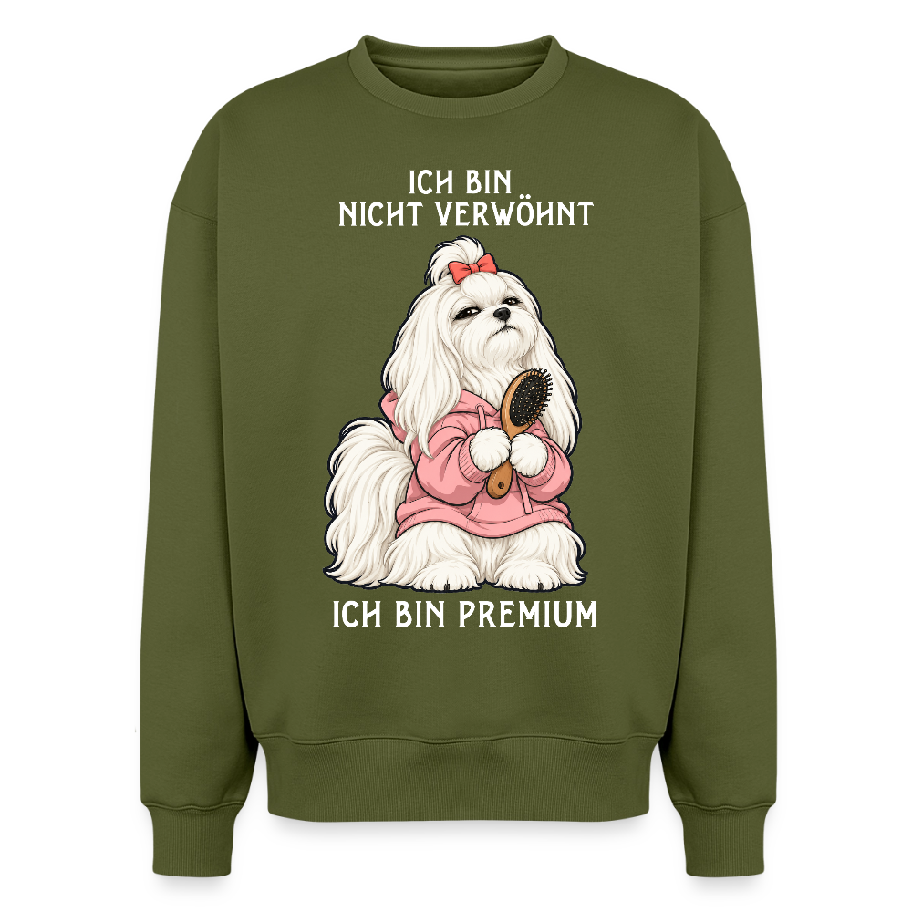 Malteser Sweater in Khaki – lustiger Cartoon-Hund mit Spruch „Ich bin Premium“ auf der Rückseite | Geschenk für Hundeliebhaber von Pfotenart