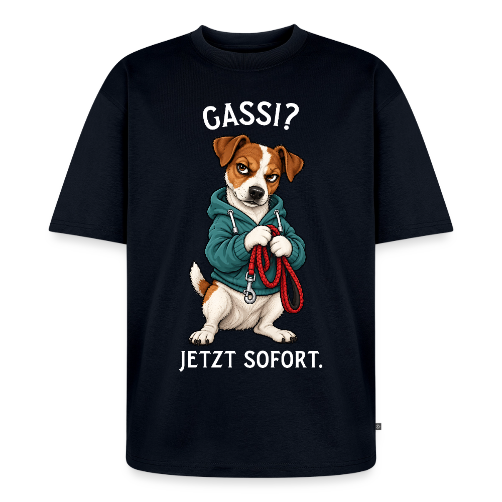 Jack Russell T-Shirt in Navy – lustiger Cartoon-Hund mit Spruch „Gassi?“ | Geschenk für Hundeliebhaber von Pfotenart