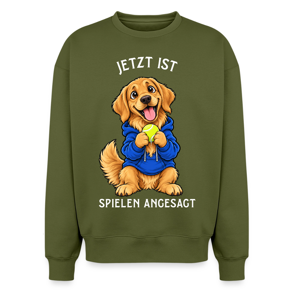Golden Retriever Sweater in Khaki – lustiger Cartoon-Hund mit Spruch „Spielen“ auf der Rückseite | Geschenk für Hundeliebhaber von Pfotenart