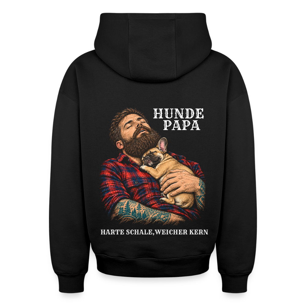 Französische Bulldogge Hoodie in Schwarz – Spezial Edition „Hunde Papa“ auf der Rückseite | Geschenk für Hundeliebhaber von Pfotenart