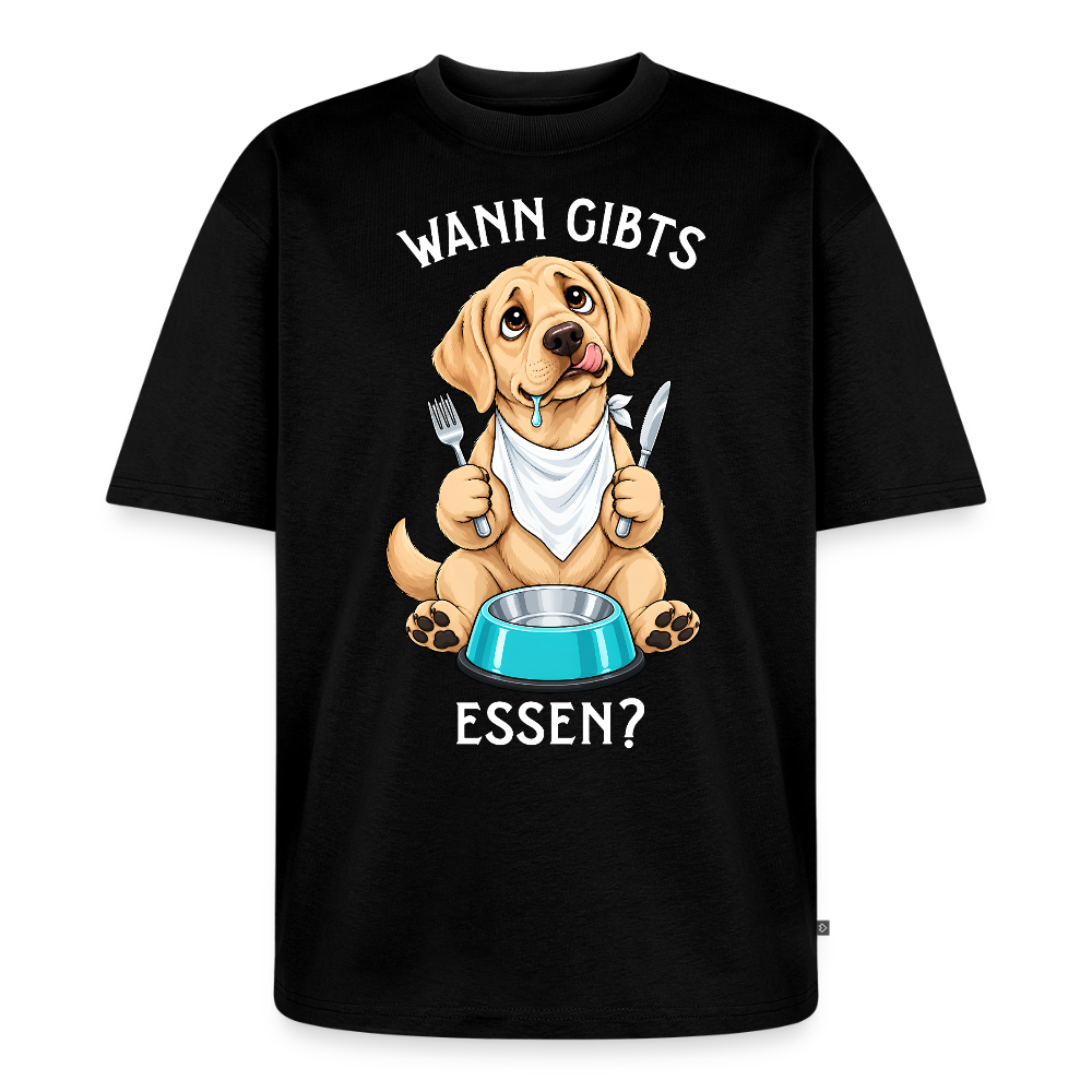 Labrador T-Shirt in Schwarz – lustiger Cartoon-Hund mit Spruch „Wann gibts Essen“ | Geschenk für Hundeliebhaber von Pfotenart