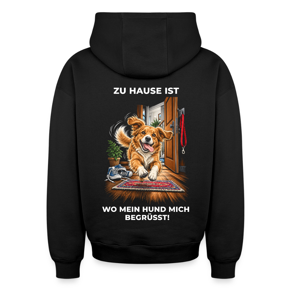 Hunde Hoodie in Schwarz – Spezial Edition „Zu Hause“ auf der Rückseite | Geschenk für Hundeliebhaber von Pfotenart