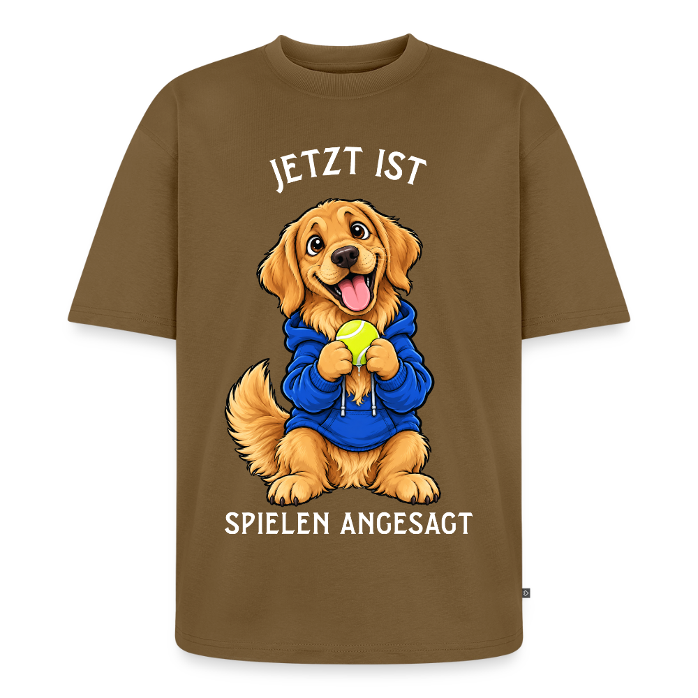 Golden Retriever T-Shirt in Nussbraun – lustiger Cartoon-Hund mit Spruch „Spielen angesagt“ | Geschenk für Hundeliebhaber von Pfotenart