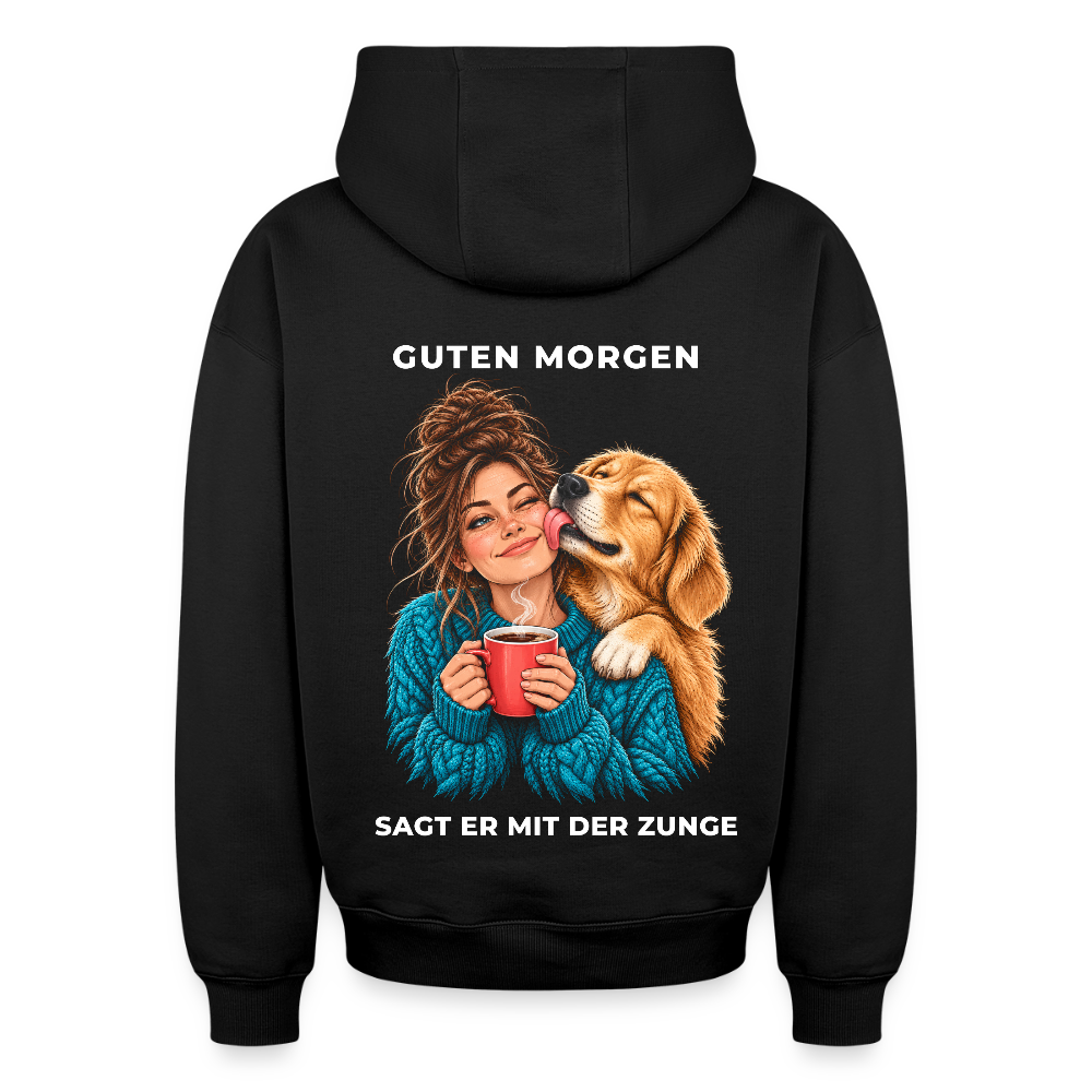Dackel Hoodie in Schwarz – Spezial Edition „Guten Morgen“ auf der Rückseite | Geschenk für Hundeliebhaber von Pfotenart