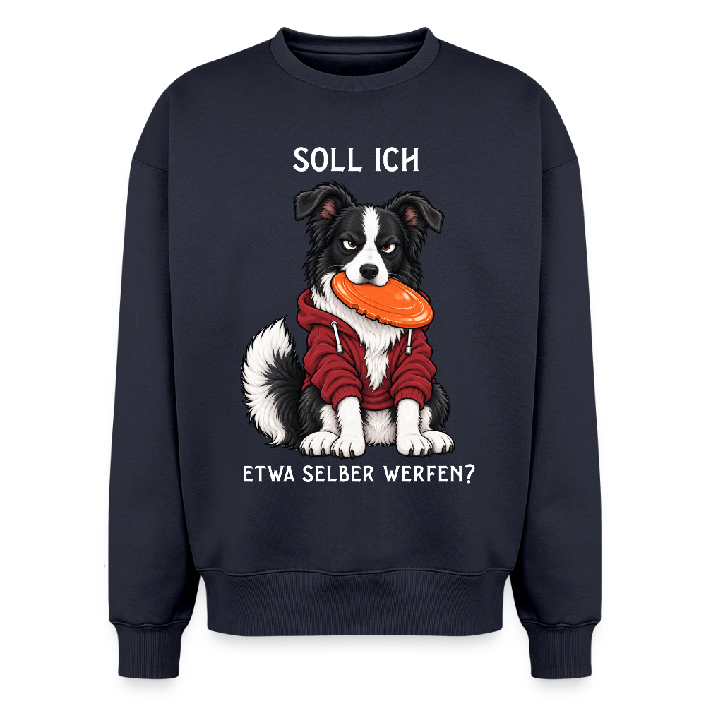 Border Collie Sweater in Navy – lustiger Cartoon-Hund mit Spruch „Selber werfen“ auf der Rückseite | Geschenk für Hundeliebhaber von Pfotenart
