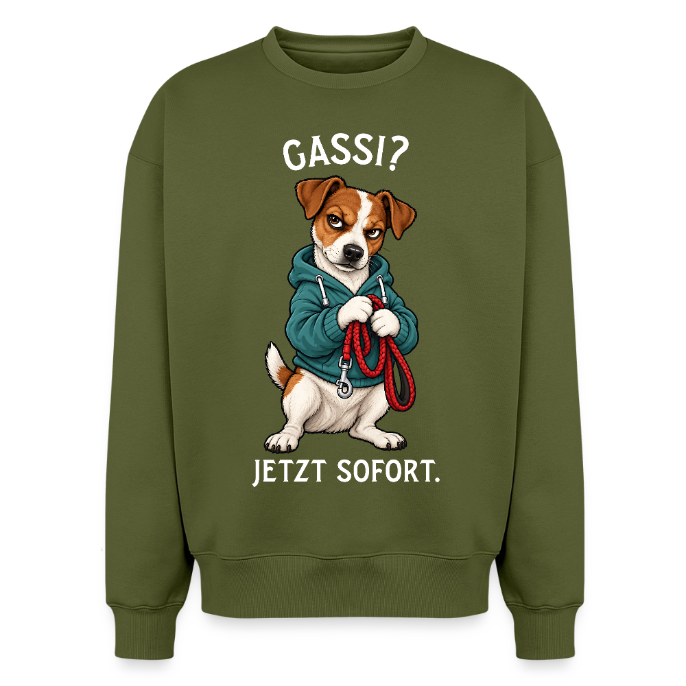 Jack Russell Sweater in Khaki – lustiger Cartoon-Hund mit Spruch „Gassi“ auf der Rückseite | Geschenk für Hundeliebhaber von Pfotenart