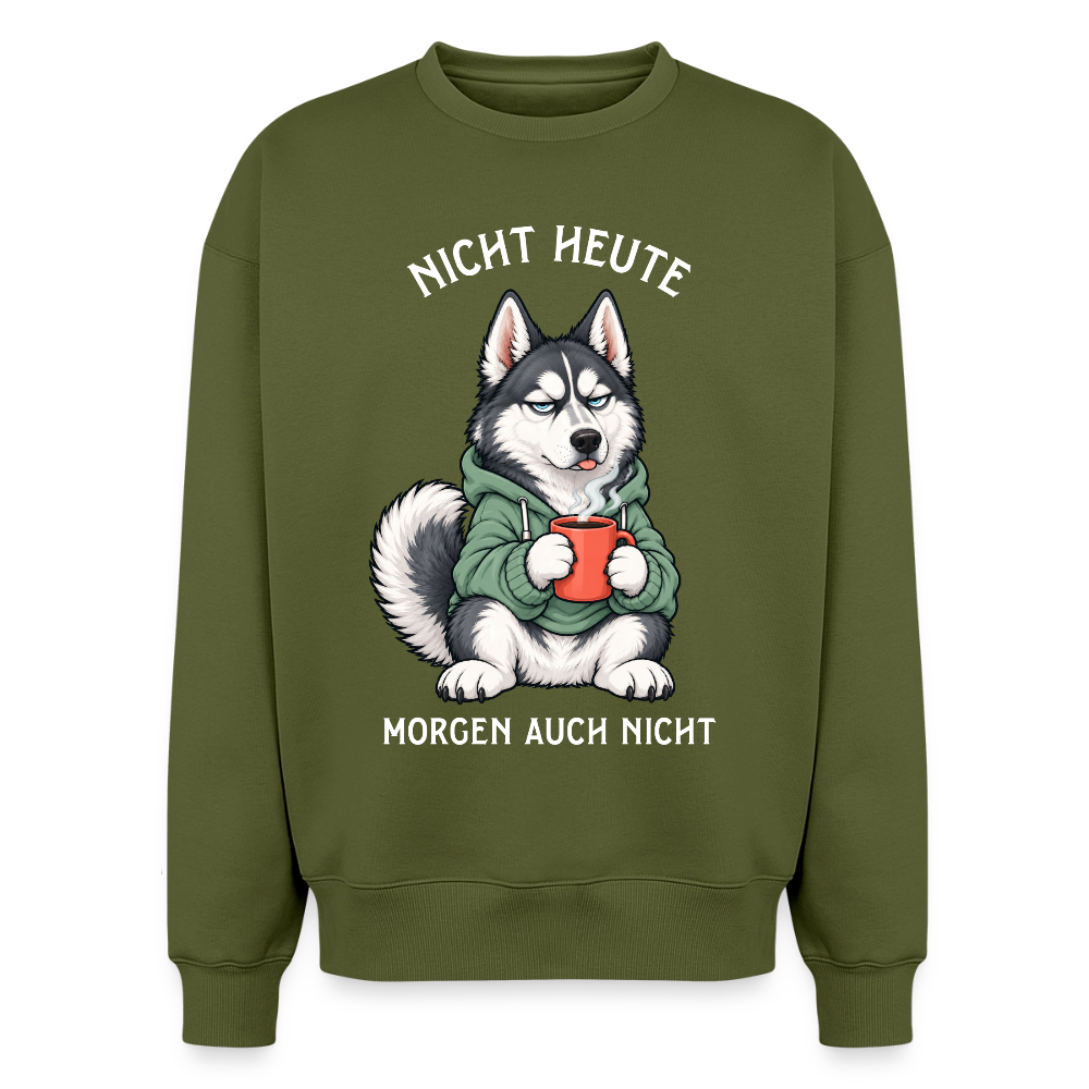 Husky Sweater in Khaki – lustiger Cartoon-Hund mit Spruch „Nicht Heute“ auf der Rückseite | Geschenk für Hundeliebhaber von Pfotenart