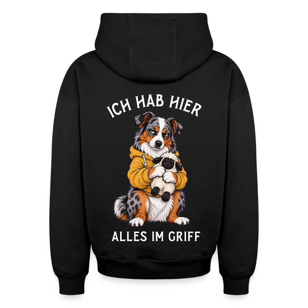 Australian Shepherd Hoodie in Schwarz – lustiger Cartoon-Hund mit Spruch „Alle im Griff“ auf der Rückseite | Geschenk für Hundeliebhaber von Pfotenart