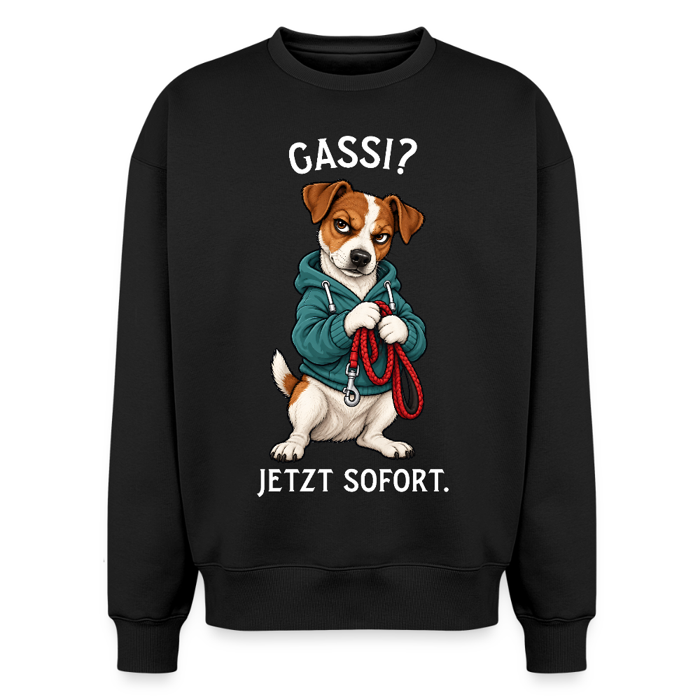 Jack Russell Sweater in Schwarz – lustiger Cartoon-Hund mit Spruch „Gassi“ auf der Rückseite | Geschenk für Hundeliebhaber von Pfotenart