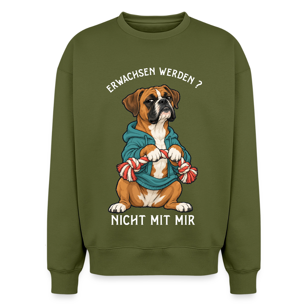 Boxer Sweater in Khaki – lustiger Cartoon-Hund mit Spruch „Erwachsen“ auf der Rückseite | Geschenk für Hundeliebhaber von Pfotenart