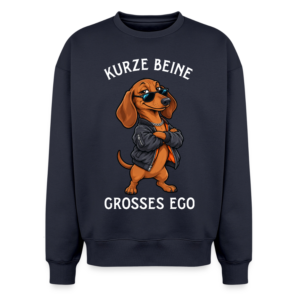 Dackel Sweater in Navy – lustiger Cartoon-Hund mit Spruch „Kurze Beine“ auf der Rückseite | Geschenk für Hundeliebhaber von Pfotenart