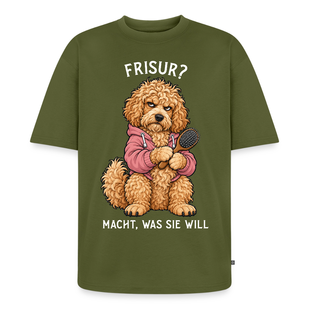 Labradoodle T-Shirt in Khaki – lustiger Cartoon-Hund mit Spruch „Frisur?“ | Geschenk für Hundeliebhaber von Pfotenart