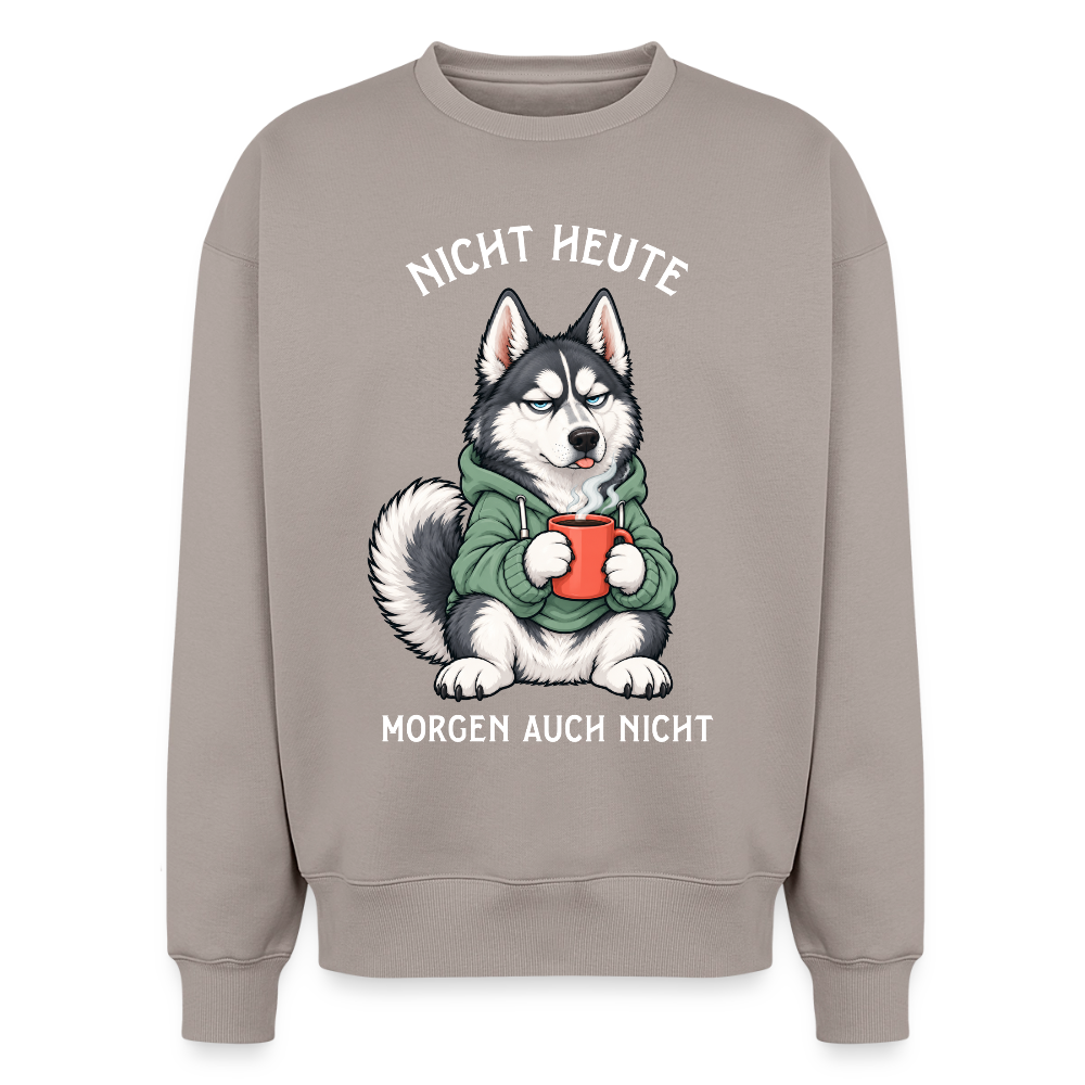 Husky Sweater in Taupe – lustiger Cartoon-Hund mit Spruch „Nicht Heute“ auf der Rückseite | Geschenk für Hundeliebhaber von Pfotenart
