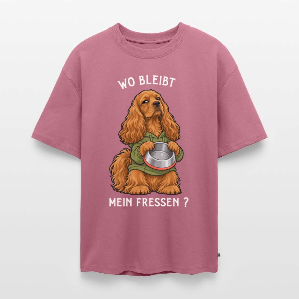 Cocker Spaniel T-Shirt in Mauve – lustiger Cartoon-Hund mit Spruch „Wo bleibt mein Fressen?“ | Geschenk für Hundeliebhaber von Pfotenart